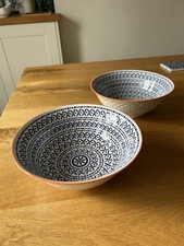 Pair Of Asian Mediterranean Style Large Ramen Noodle Rice Bowls Blue And White
