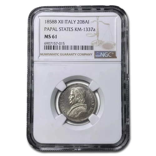 1858-B Papal States Silver 20 Baiocchi MS-61 NGC