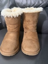 UGG Brown Suede Mid-Calf Girls' Boots Bow Shearling Lined Pull On Rubber Sole