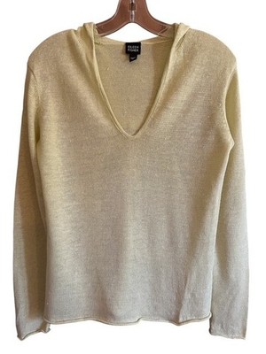 Eileen Fisher Linen Sweater M Yellow Hooded V Neck Lightweight Knit Pullover