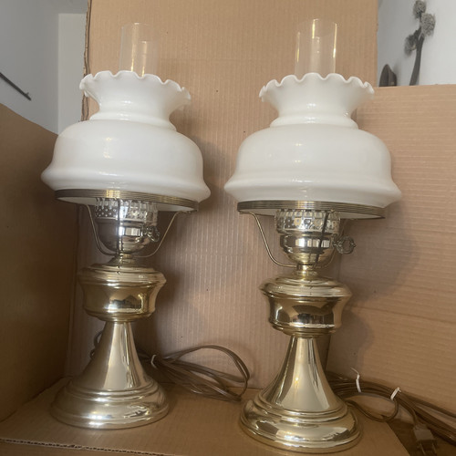 Pair Vintage Brass Finish Hurricane Lamps Milk Glass Shades 20”
