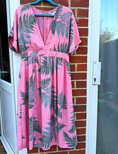 Glamorous Pink & Green Leaf Print V-Neck Batwing Sleeve Midi Dress S