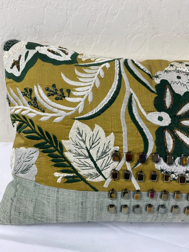 West Elm accent pillows with inserts beaded embroidered floral silk green ivory - Image 3 of 4