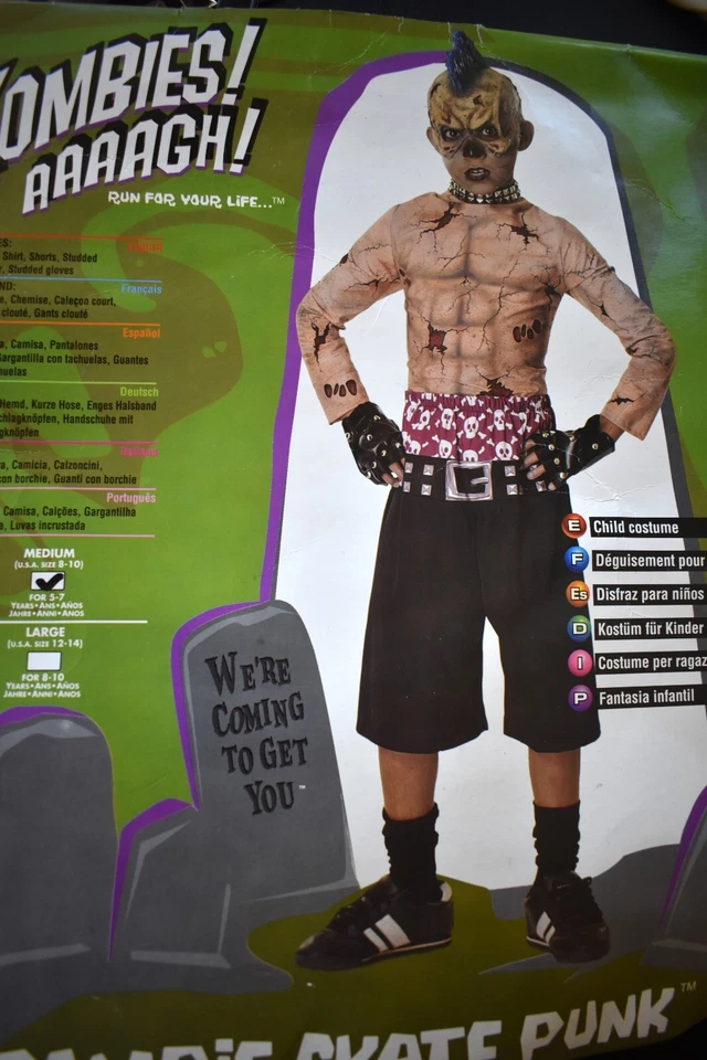 ZOMBIE SKATE PUNK Disfraz Halloween Niño 5-7 "Talla 8-10 M" Goma Mohawk Completo Foto 4 de 4
