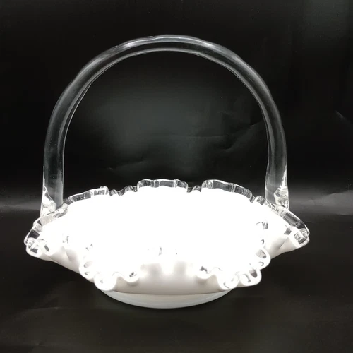 Fenton Silver Crest Opaque White Milk Glass Large Basket Ruffled Crimped Top 8"