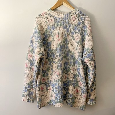 Zara Wool Blend Floral Oversized Sweater Size Large Cream Pink Blue Spring