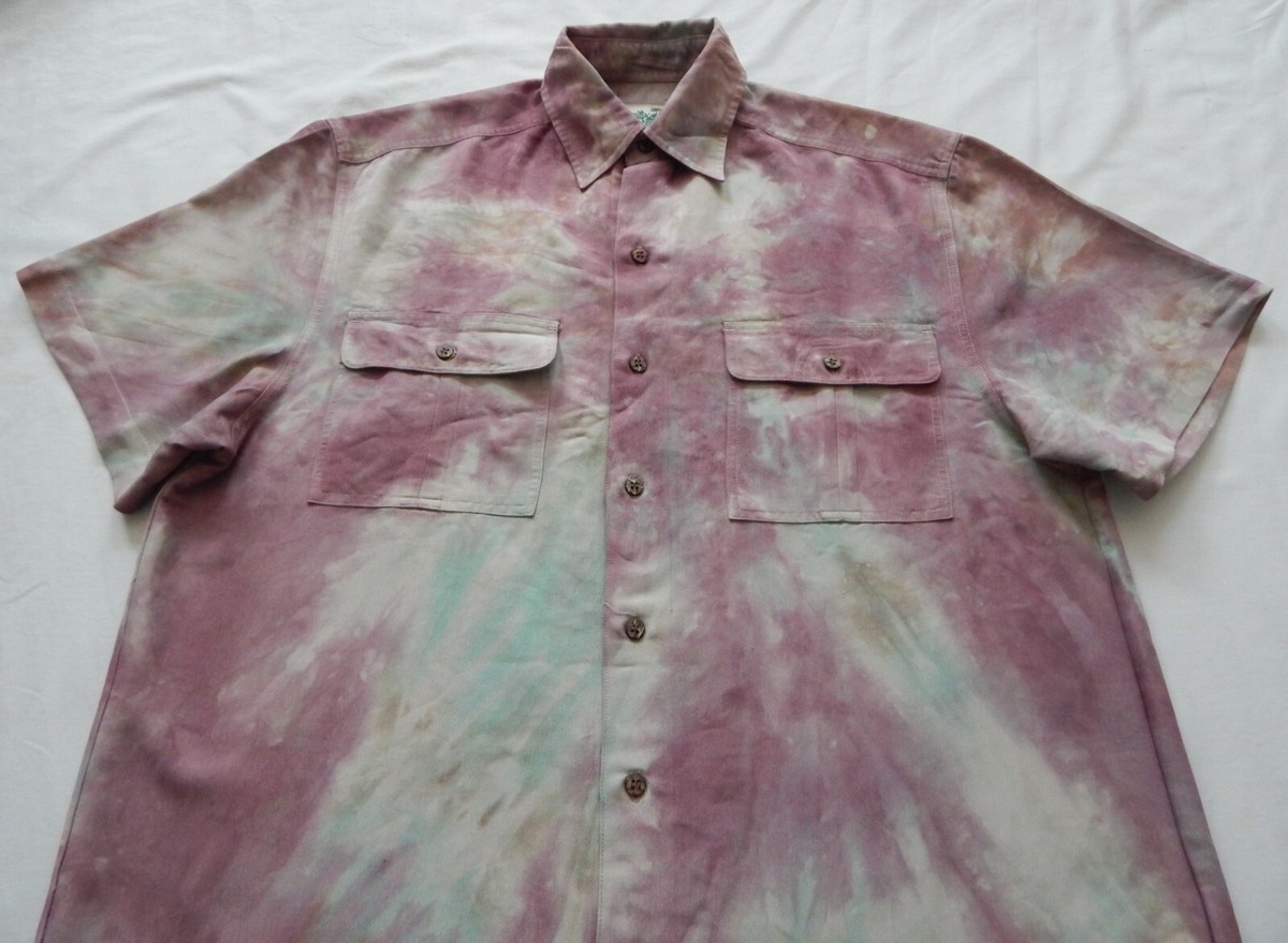 Tie Dye Purple Gray Short Sleeve Button Up Shirt - Small Mens Hand