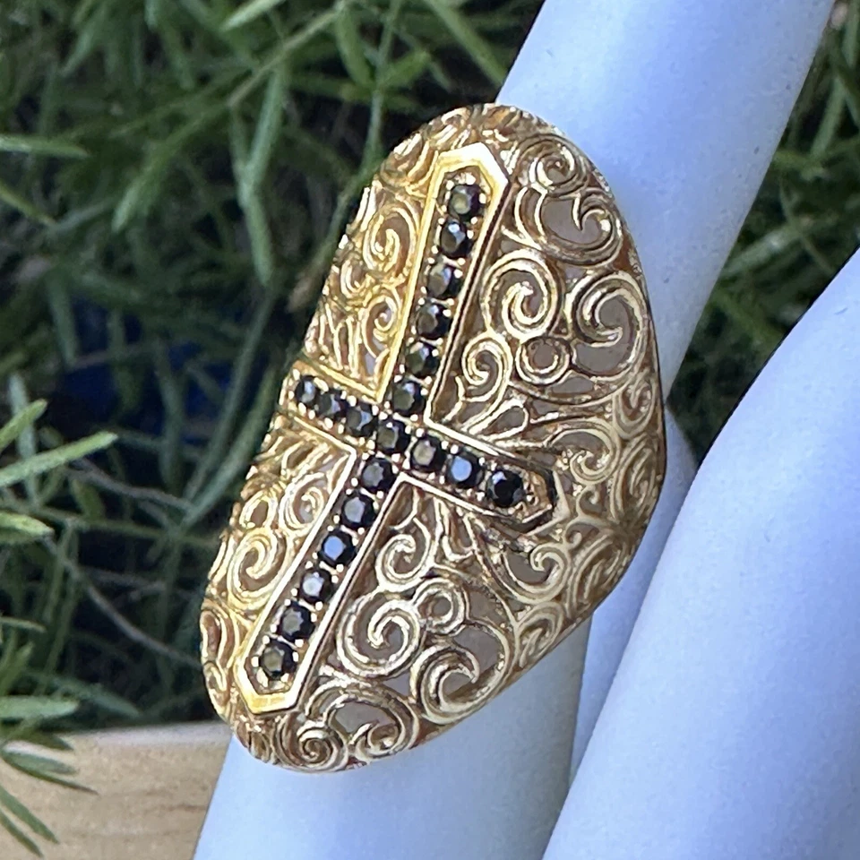 复古 Bellezza Statement 戒指 尺寸 5 黑色尖晶石十字架 镀金金银丝 — 第 2/4 张图片