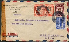 Peru Lima Airmail Cover to USA Censor Examined 1943 Latin America Postage