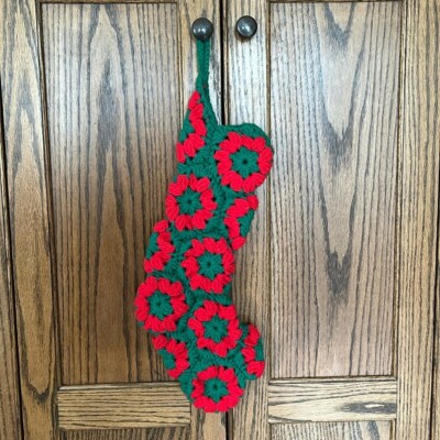 Crocheted Vintage Grandma Granny Square Christmas Stocking Red Green Handmade