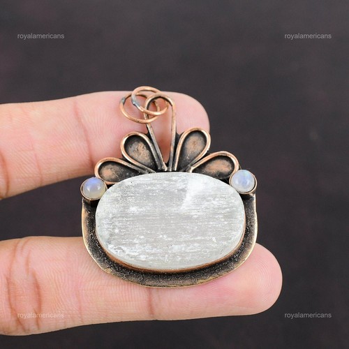 Daughters Day Sale Oval Selenit Druzy Stein Handarbeit Mutter Boho Anhänger Kupfer - Bild 3 von 6