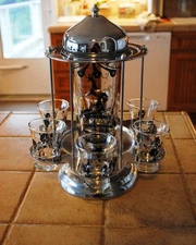 MCM Revolving Carousel Cocktail Set Complete Poodles Circus Horse Chrome Glass