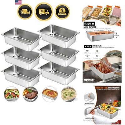6 Pack Hotel Pans, Full Size 6-Inch, Stainless Steel Steam Table Pans，Anti-Ja...
