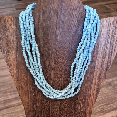 Vtg Multistrand Light Blue Beaded Necklace Large Glass Bead Button Closure