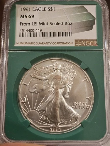 1991 $1 AMERICAN SILVER EAGLE NGC MS69 FROM US MINT SEALED BOX LABEL GREEN CORE