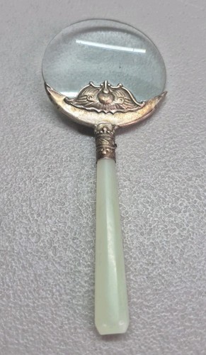 Vintage Handmade Magnifying Glass Metal AND Glass Jade Handle