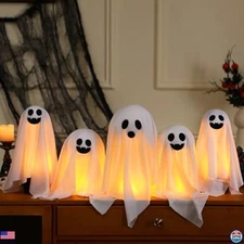Set of 5 Halloween Ghost Decorations - 14", 11", & 9" Centerpieces with LED