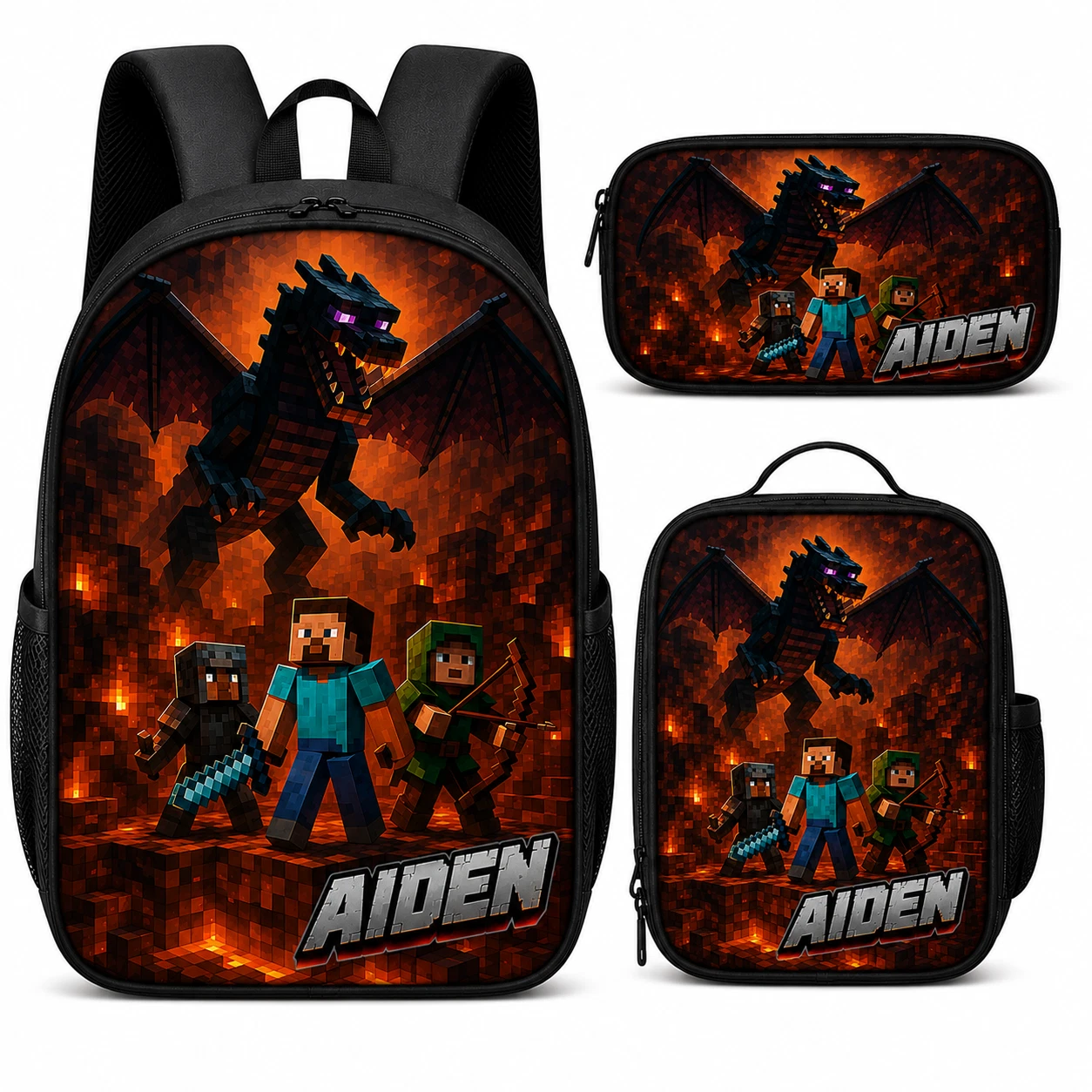 Personalized Pixel Dragon Warrior Backpack Lunch Bag Pencil Case Set Custom Name