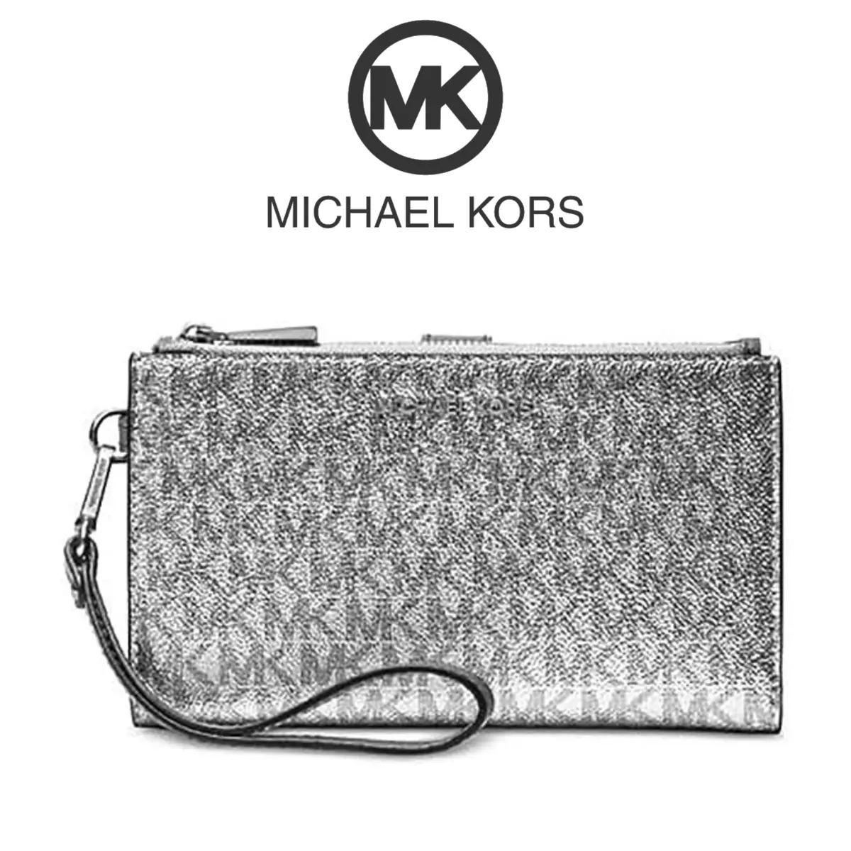 Michael Kors Double Zip Wristlet Versatile Leather Purse Clutch Silver Logo