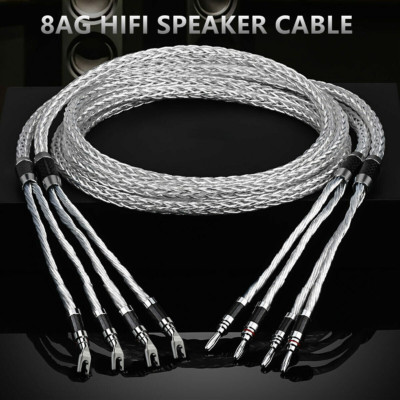 8 Awg HiFi Speaker Wire Cable Silver Plate 8N OCC Carbon Fiber Banana Spade Plug