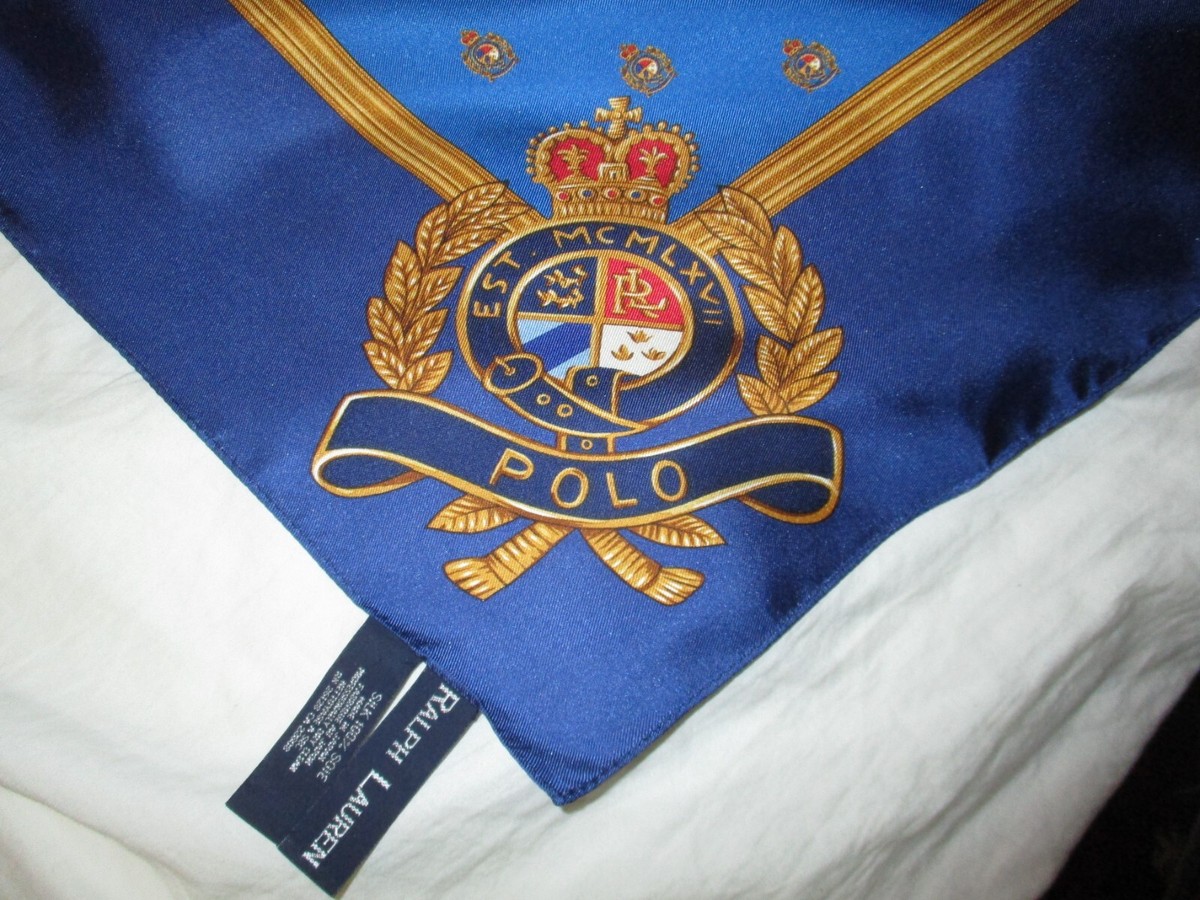 Vintage Polo Ralph Lauren Blue Gold Crests 100% Silk Square