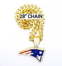 NEW ENGLAND PATRIOTS GEM NECKLACE Gold Bling NFL Football Pendant 28" Chain