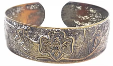 Antique Girl Scouts Bracelet Cuff - Silver Plated Copper - Early 2.25”