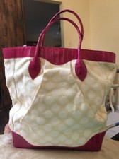 Nancy Gonzalez Pink Alligator Skin/canvas Tote Handbag Pink/off White Nwt