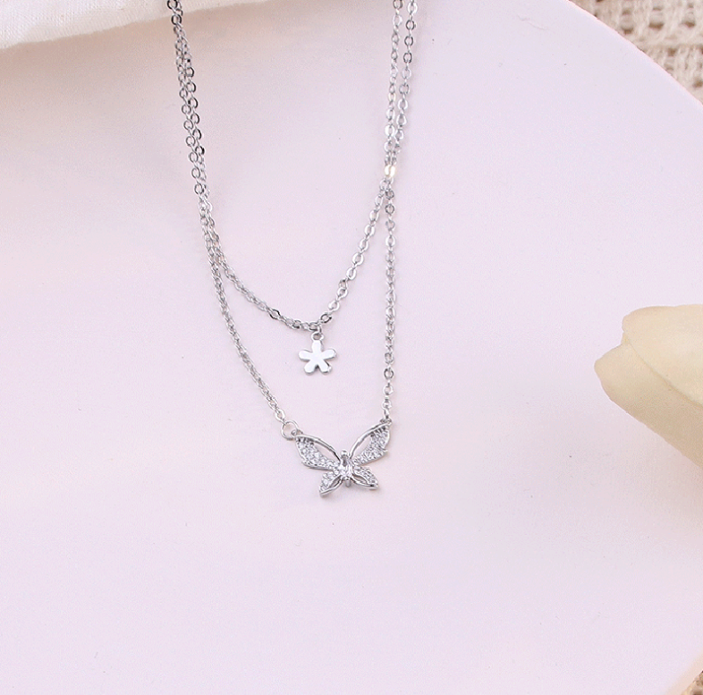 Sterling Silver Plated Butterfly CZ Layered Pendant Necklace