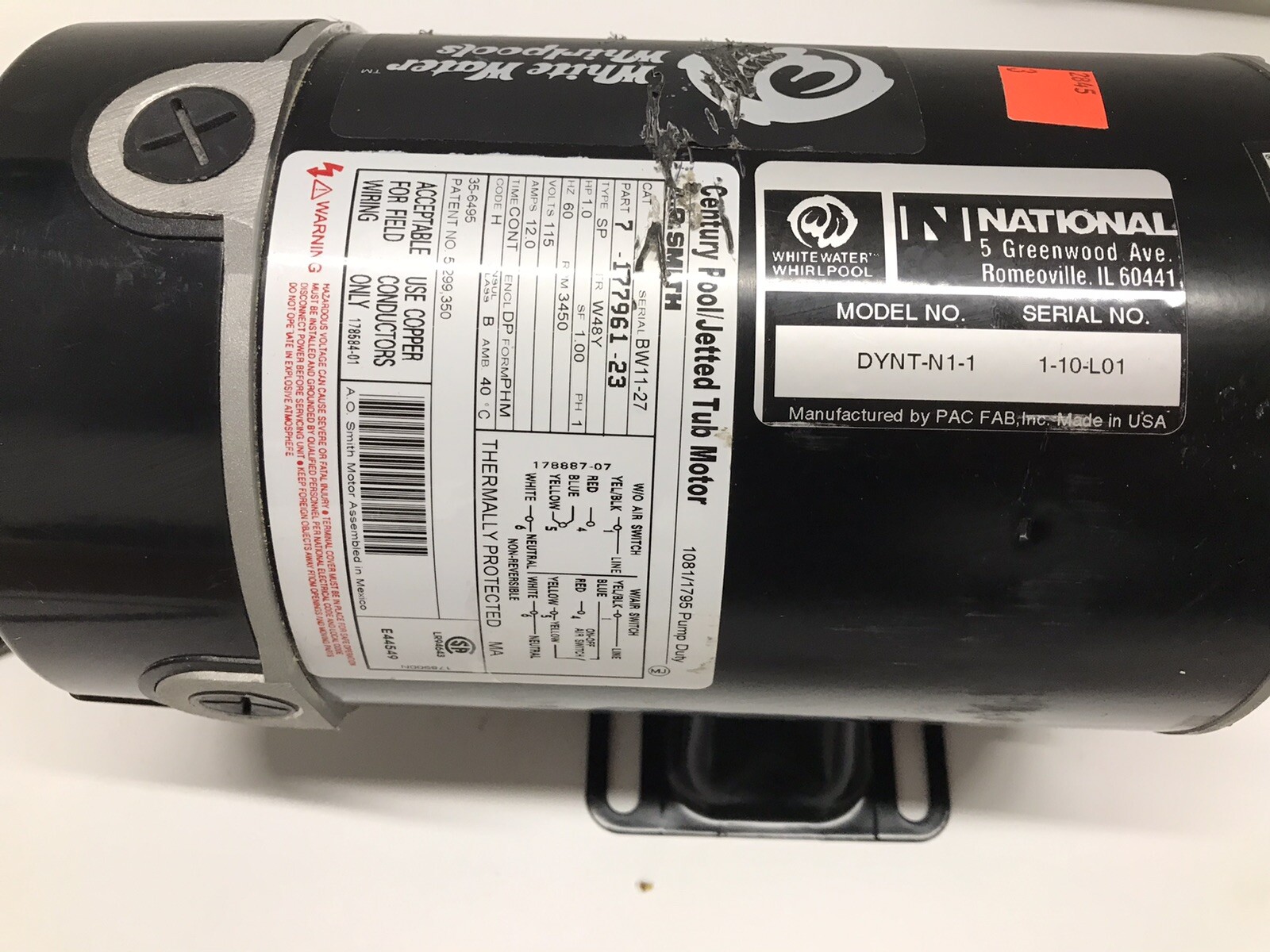 A.O. Smith pool jetted tub motor pump dynamite dyntn11 1ph rpm 3450