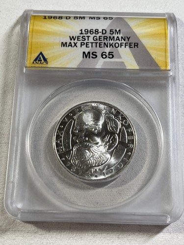 1968-D Germany 5 Mark Silver Coin Graded MS 65 by ANACS Max Pettenkoffer - Picture 2 of 4