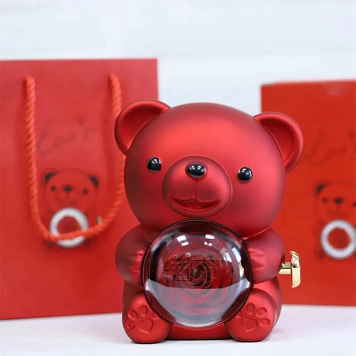 Scatola Regalo a Forma Di Orso Con Rosa Girevole E Busta Rossa, Orsacchiotto Por - Foto 9 di 11