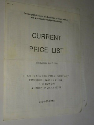 vintage Frazer Farm Equipment Co. Rototiller 1994 Current Price List