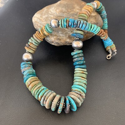 Blue Green Turquoise Navajo Sterling Silver Necklace 20'' 11964