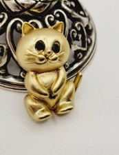 Cat Brooch Matte Gold tone Crystal Eyes I LOVE CATS Kitty Pin Animal