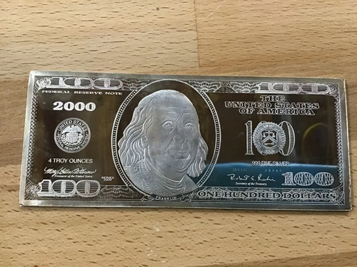 2000 Commemorative $100 Federal Reserve Note Proof 4 oz Silver Art Bar P2575