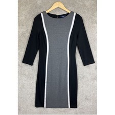 Chaps Dress Womens 4 Gray Black 3/4 Sleeve Back Zip Stretch Shift- 8394*