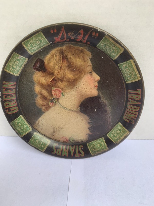 Awesome True Antique S &H  Green Stamp Lovely Blonde Lady Tip Tray Great Condit