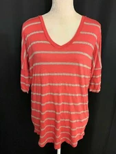 Splendid Womens Pink Gray Striped V Neck Short Sleeve Top T Shirt Medium