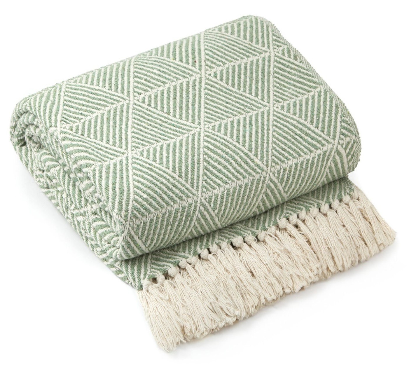 100% Cotton Throw Pistachio Green Luxury Fringe Tassel Sofa Bed Chair Blanket