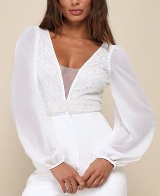 Lulus White Lace Bodysuit Balloon Sleeve Plunge V-neck Thong Bridal Large Women