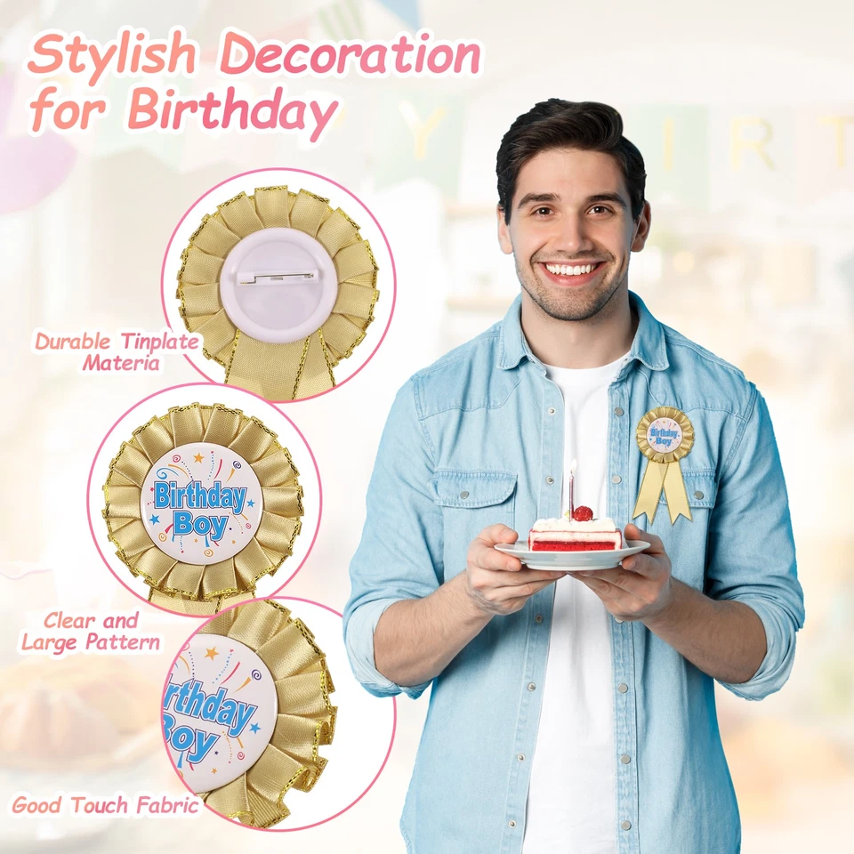 Birthday Boy Button Pin, 5.9"x2.8" Tinplate Ribbon Badge Pin, Champagne Gold Foto 3 de 4