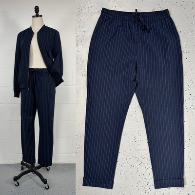 DKNY Navy Blue Pinstripe Drawcord Jogger Pant Cuffed Pockets Luxury Athleisure S