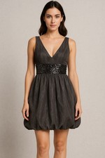 Xscape Black & Charcoal Sequin Waist Blousen Bubble Hem Cocktail Dress Size 14