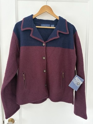 Color Blocked Wool Button Up Cardigan Women's Size L Plum and Navy Blue New NWT