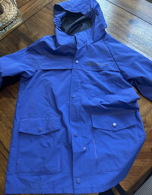 Columbia Blue Hooded Rain Coat Mid-Length Zip Snap Closure kids Size L