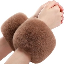 Faux Fur Short Wrist Cuff Winter Fuzzy Wrist Cuff Warmers for Women Khaki