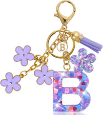 Resin Alphabet Initial Letter Keychain Tassel Flower Pendant Key Ring for Purse