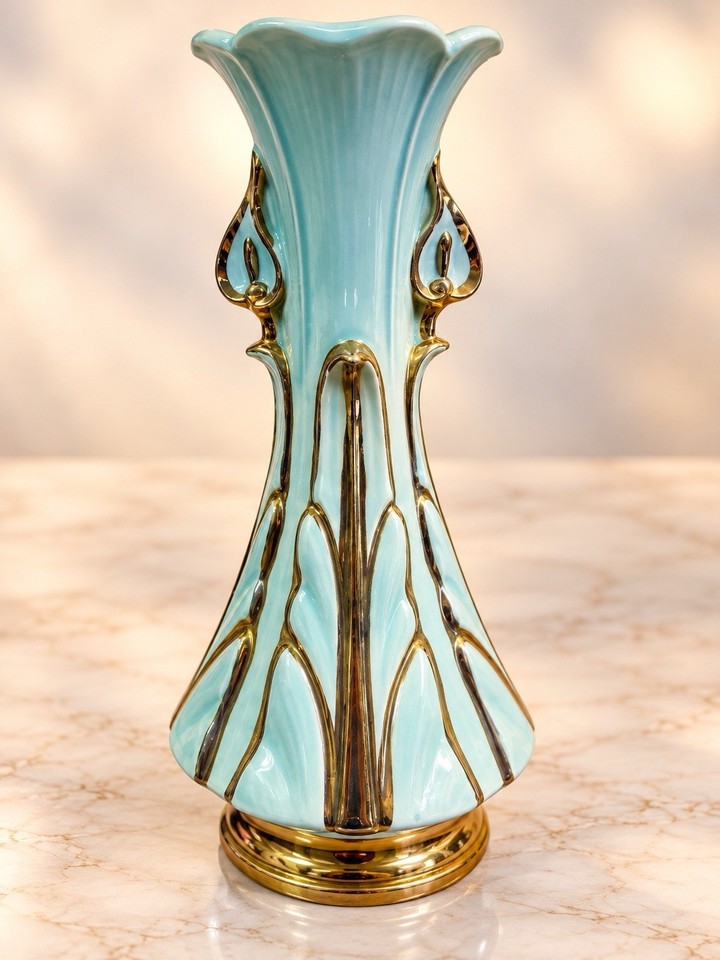 Vintage 1950s MCM Aqua Ceramic Vase 24K Gold Accents 11.75” Mid Century