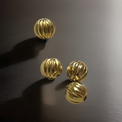 4 Beads , Gold-Plated Brass, 7.6mm Corrugated Round for Jewelry Making